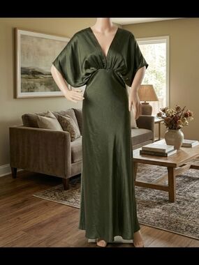 Petal & Pup Olive Green Satin V-Neck Wedding Dress